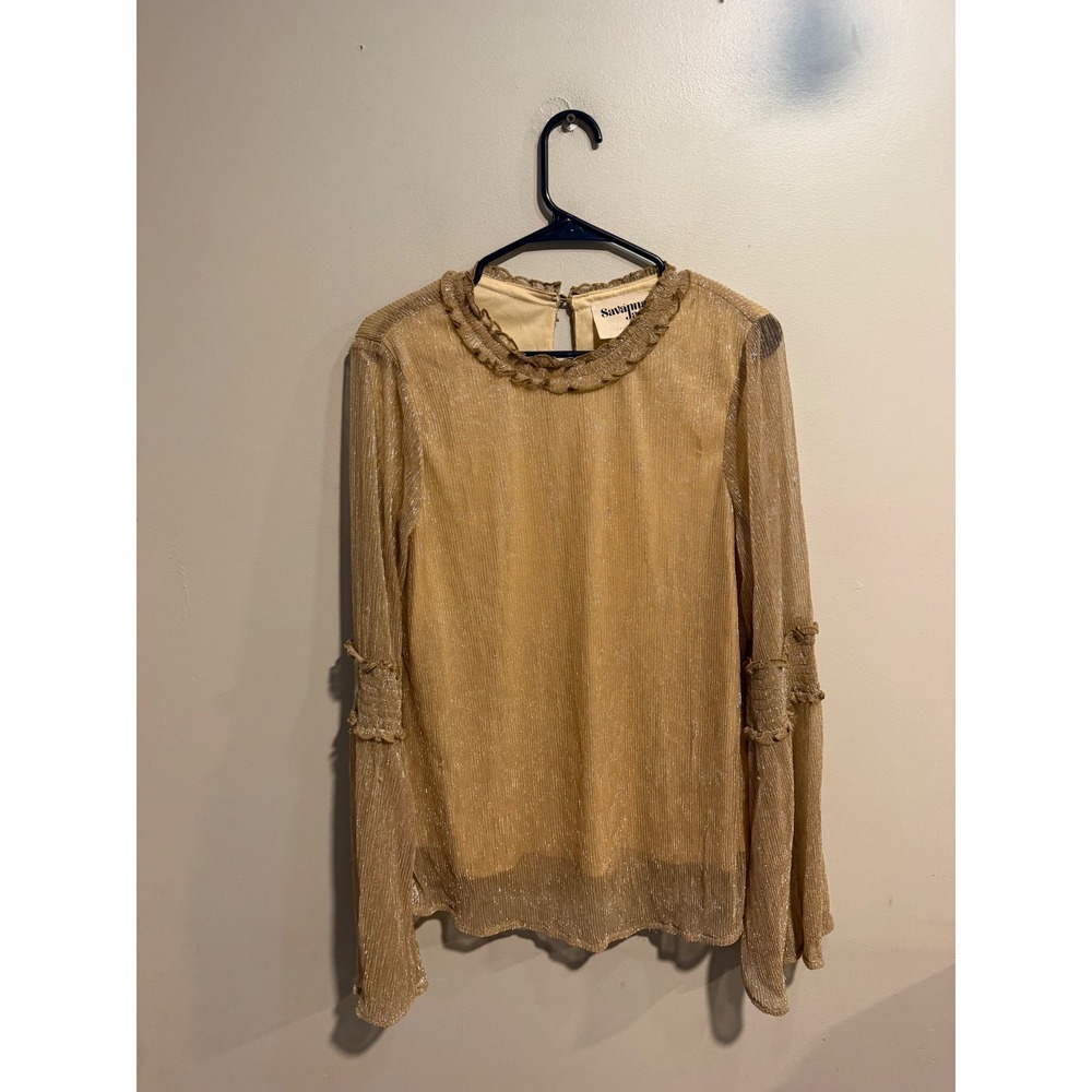 Savanna Jane Gold Metallic Plisse Ruffle Neck Smocked Bell Sleeve Blouse Medium